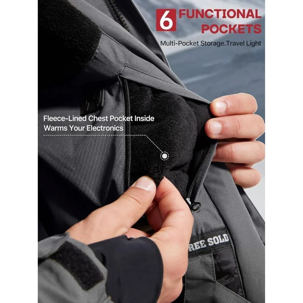 Men's Charcoal Gray Waterproof Ski Snow Fleece Lined Warm Winter Rain Jacket